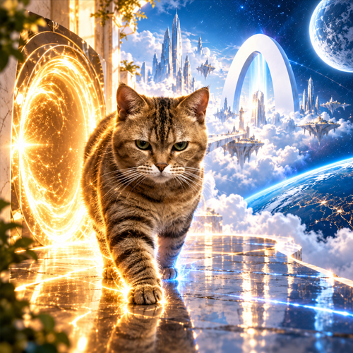Bean Cat walking a glowing city path toward the Arc gateway