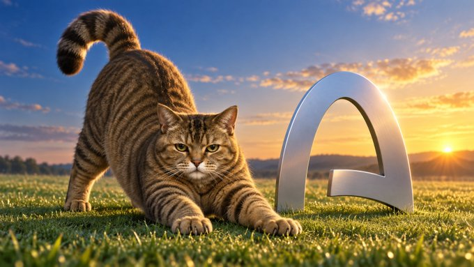 Bean Cat stretching on the grass at sunset beside the Arc symbol