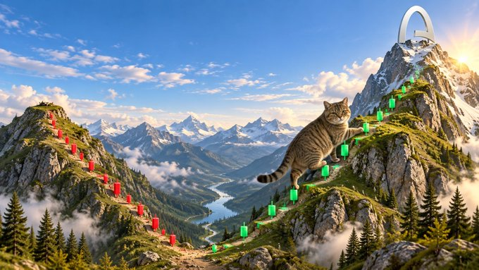 Bean Cat climbing a mountain of green candles toward the Arc peak