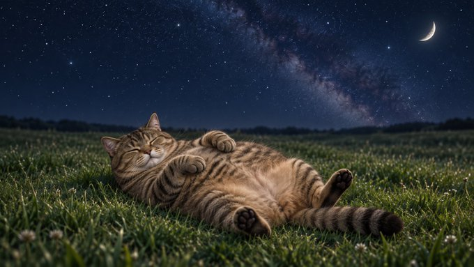 Bean Cat lying in the grass under the milky way