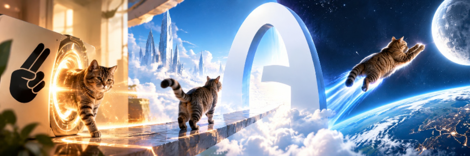 Bean Cat crossing from a glowing portal through the Arc gateway into orbit
